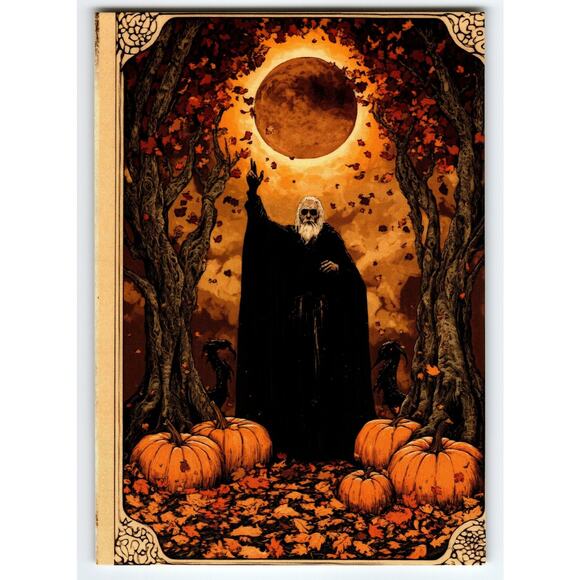 Vintage Halloween Postcard with Wizard & Pumpkins Photochrome 5.5x4" - Picture 1 of 2